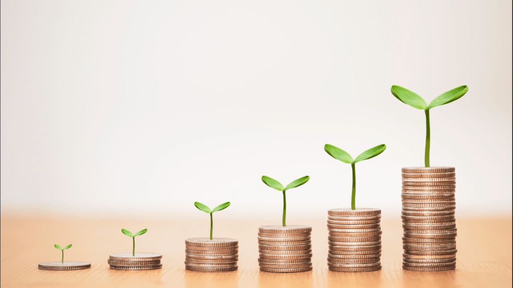  Image depicting a small plant growing out of a stack of coins. This image symbolizes growth investment, highlighting the potential for financial growth and returns through investing in companies with high growth potential