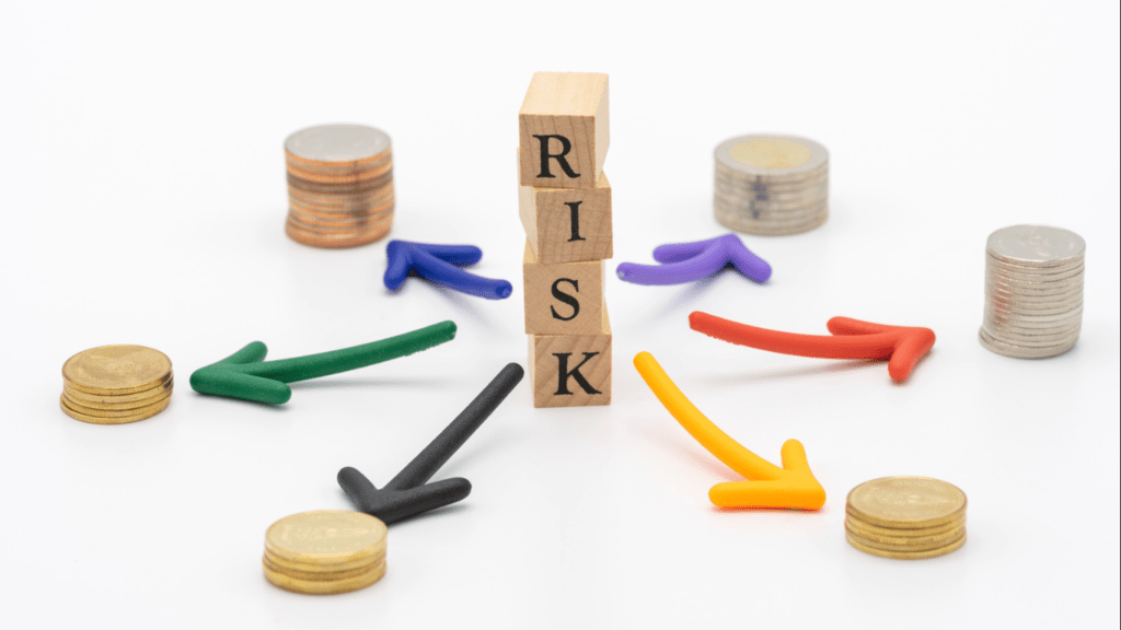 An image depicting the concept of diversification in investment portfolios. A pair of dice with the word 'Risk' written on them is positioned upright, symbolizing the unpredictable nature of the market. Arrows pointing in different directions represent various coins, signifying the allocation of investments across different assets and sectors. The image illustrates the importance of diversification in spreading risk and maximizing potential returns